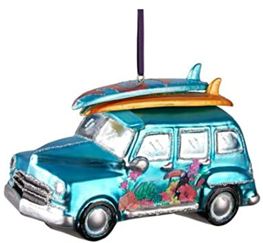 Gift Company - Christbaumschmuck, Hänger - Auto mit Surfbrettern - Glas, Polyester - Farbe: blau - 6,8 x 9,5 x14,5cm