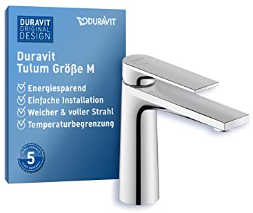 Duravit Tulum Waschtischarmatur, Größe M (Auslauf Höhe 122 mm), Wasserhahn Bad, Waschbecken Armatur mit FreshStart-Funktion, Chrom