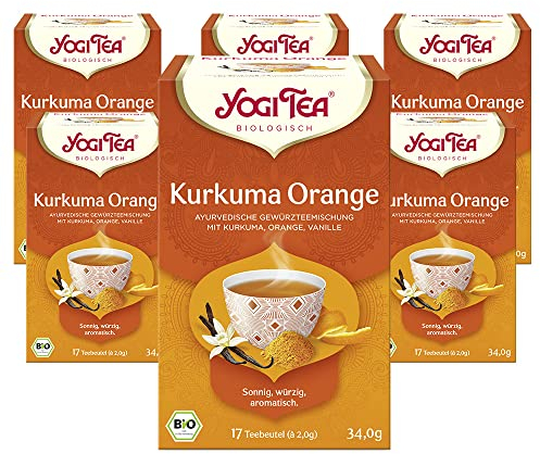 Yogi Tea - Kurkuma Orange, Ayurvedischer Bio Gewürz- und Kräutertee, Mischung aus Kurkuma, Orange und Vanille, Yogi Tee 6er Pack, 6x17 Beutel (102 Teebeutel insgesamt), Ideal als Geschenk