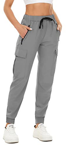 FANGJIN Pantalon Femme Taille Haute Jogging Séchage Rapide Cargo Été Chino Bande Élastique Yoga Pants Sport Crayon Jogging Carotte Multipoche Gris Clair L
