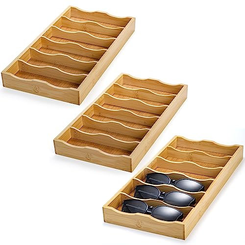 SOUJOY 3 Pack Bamboo Sunglasses Organizer Tray, 6 Slot Eyeglasses Display Case, Stackable Eyewear Storage Case for Sunglasses, Fashion Eye Wear, Protective Glasses