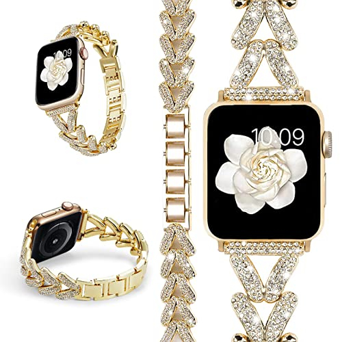 Miimall Strap Compatible with Apple Watch Series 10 9 8 7 6 5 4 3 2 1 SE, Bling Rhinestone Zinc Alloy Band Women Adjustable Replacement Bracelet Strap for iWatch 42mm/41mm/40mm/38mm, Gold