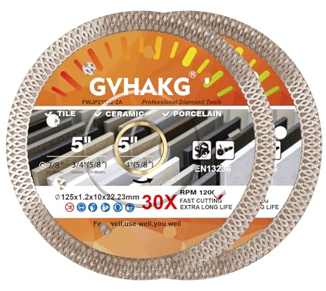 GVHAKG Lot de 2 disques à tronçonner diamantés extra fins 125 mm | Disque à tronçonner pour carrelage, pour séparer et couper le carrelage, grès cérame, granit, marbre (125 x 22,23 mm)
