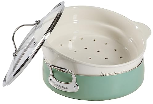 Bloomhouse 6-QT Aluminum Enamel Everyday Pan w/Non-Stick Non-Toxic Ceramic Interior and Ceramic Steamer Insert - Sage Green