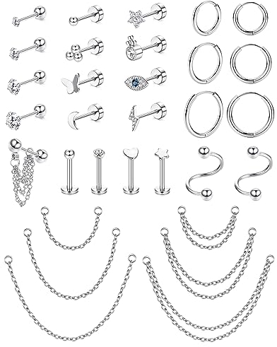 Morfetto 16G Knorpelohrringbolzen für Frauen Männer Edelstahl Knorpelbandohrring Flache Rückseite Ohrstecker Schmetterling CZ Kette Baumeln Knorpel Helix Tragus Piercing Schmuck Silber