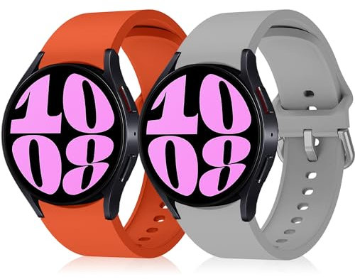 KeeFos Bracelet pour Samsung Galaxy Watch 7/6/5/4 (40mm 44mm)/FE, [2 Pièces] Sport Silicone Souple pour Watch 6 Classic (43mm 47mm)/5 Pro - Gris + Orange