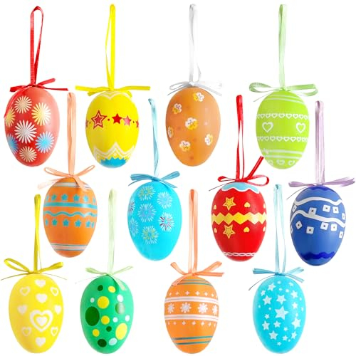 Lot de 24 œufs de Pâques à suspendre, décorations multicolores en plastique pour arbre à œufs, œufs décoratifs peints à la main, ornements artisanaux avec différents styles de rayures, pois et fleurs