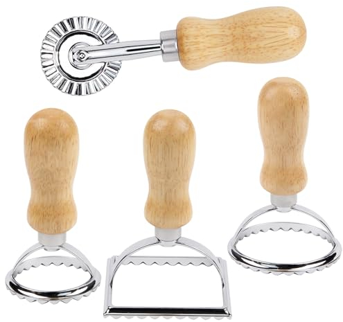KEYIDO® 4 PCS Ravioli Stamp Maker Cutter, Square Round Ravioli Cutter, Pasta Cutter Wheel with Wooden Handle & Fluted Edge, Pasta Press Tools for Kitchen