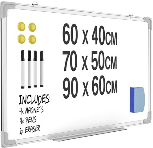 ZENO Whiteboard | Large Magnetic Whiteboard with Pen Tray | Office Board | Aluminium Trim | Includes 4 Pens, Eraser & 4 Magnets | Easy to Install | 60 x 40 cm