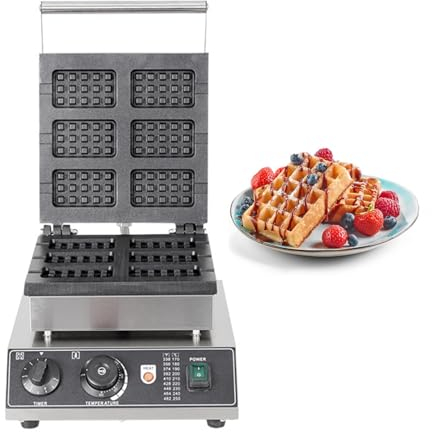 PJDDP Commercial Waffle Maker, 1750W 6PCS Non-stick Rectangle Belgian Waffle Iron with Temp and Time Control, Professional Electric Waffle Baker Machine for Bakery,Restaurant,Snack Bar,Cafes