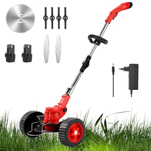 Debroussailleuse Electrique sans Fil, 21V Coupe Bordure, avec 1 Batterie et Chargeur Taille Bordure, avec 3 Types de Lames pour la Coupe de Jardin Pelouses et Terres Agricoles (avec Roues-Deux Piles)