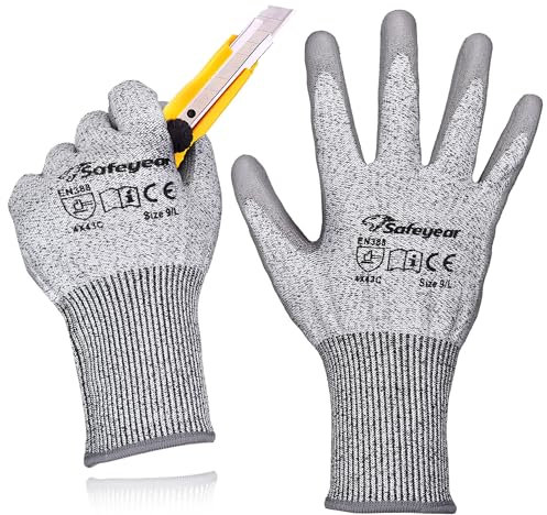 SAFEYEAR Level 5 Cut Resistant Safety Gloves, PU Coated Knitted Work Gloves, Grey Anti-Slip & Abrasion Resistant Hand Protection, Size S - for Construction, Gardening, DIY, Durable & Comfortable Fit