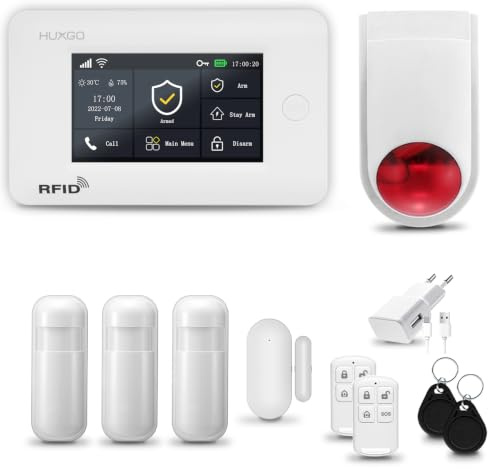 HUXGO® HXA006 Alarmanlage Haus WiFi + GSM mit Funk Sirene | Tuya Smartlife App | Alarm System mit Fenstersensor, 3X Bewegungssensor | Alarmanlage Wohnung, Garage | Smart Home Security