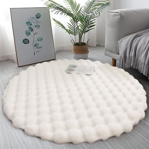 Freyamy Plüsch Teppich Rund 180cm Weiß Einfarbig Hochflorteppiche Flauschige Weich Teppiche Waschbar rutschfest Teppiche Modern Dekorative Teppich für Wohnzimmer Schlafzimmer Kinderzimmer