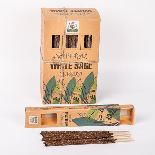 Namaste India Natural 30g Masala Räucherstäbchen Agarbatti Packung - 12 Packungen insgesamt 100-120 traditionelle Räucherstäbchen für entspannende Aromatherapie (Natural White Sage)