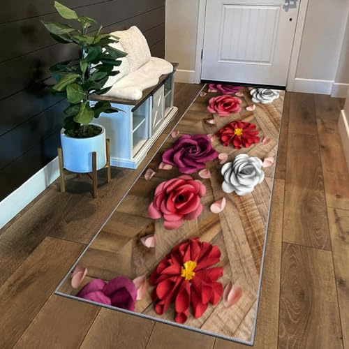 Siunwdiy 3D Teppich Läufer Flur rutschfest Küchenläufer Waschbar Mit Blumenmuster 60x200cm Rote Lila Braun Korridor Teppichläufer Lang Küchenteppich Für Schlafzimmer Teppichläufer Meterware Anpassbar
