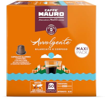 Caffè Mauro Mélange Avvolgente intensité 8/10-50 Capsules Aluminium - Compatibles avec les machines à café à usage domestique Nespresso* - Produit en Italie