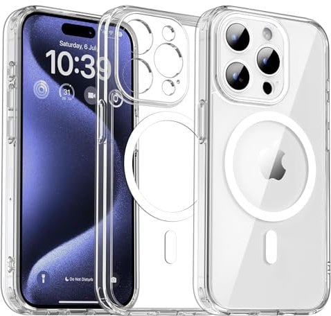 CALOOP Magnetic Case for iPhone 15 Pro with MagSafe,Hard Frame Sturdy Military-Grade Shockproof,Camera Full Protection Airbag Corner,Scratch & Yellowing Resistant,Crystal Phone Cover, 6.1 Inch,Clear