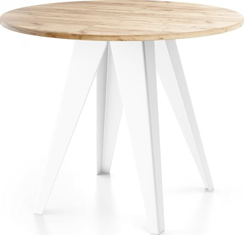 WFL GROUP Modern Runder Tisch für das Esszimmer - 90 oder 100 cm Durchmesser - Ausziehbar Esstisch mit Pulverbeschichteten Weißen Metallbeinen - Industriestil - (Eiche Craft, 90 cm)