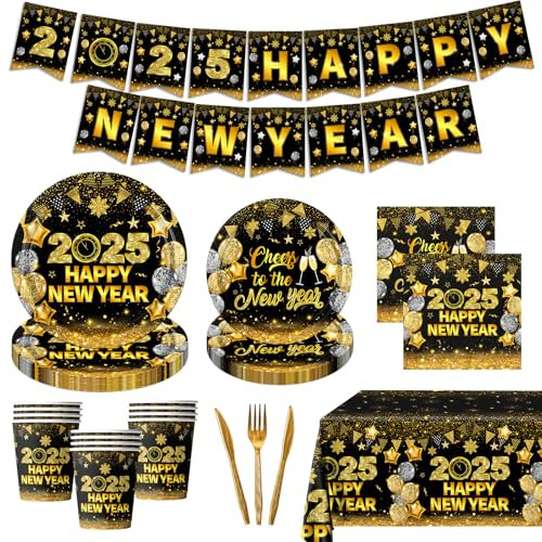 2025 New Years Eve Party Supplies - 142Pcs Happy New Year Plates,Napkins,Cup,Banner Black Gold New Year Party Tableware for Cheers to the New Year Party Decorations