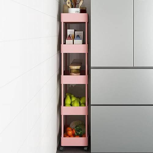Schmaler Schiebewagen mit 5 Etagen, ideal für Waschküche, Badezimmer, Küche, Wohnzimmer und Büro, Farbe: Rosa