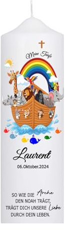 Taufkerze Mädchen oder für Jungen mit Taufspruch, Arche Noah 25 cm x 8 cm, personalisierte Kerze, bedruckte Kerze zur Taufe, Stumpenkerze zur Taufe, Taufgeschenk,Patenkerze