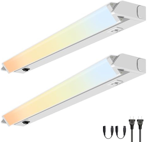 ALUSSO LIGHTING 55CM Schwenkbar Unterbauleuchte Küche LED 230V, Verlinkbar Leiste 3000K/4500K/6500K Farben Veränderbar Unterschrank Beleuchtung, 8W 650lm Lichtleiste Küchenlampe mit Schalter, 2er Set