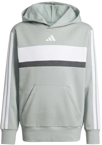 adidas Unisex Kids Seasonal Essentials TIBERIO 3 Stripes Fleece Hoodie, Wonder Sage/White/Dark Grey Heather, 13-14 Years