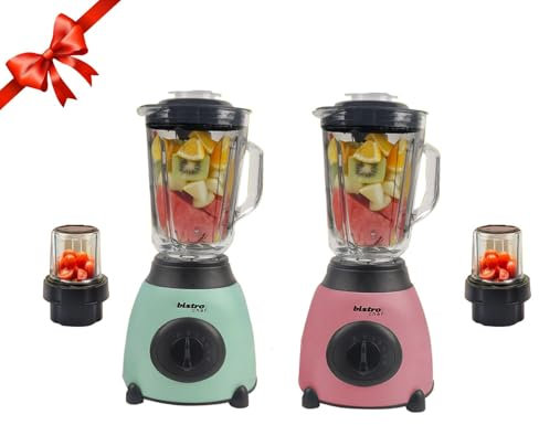 Bistro Chef 2-in-1 Nuts Ice Crushing Mixer Blender 850W, Professional Handheld Kitchen Blender 1.5L for Smoothie Maker, Fruit Juice, Shake, Made from Glass & Stainless Steel (Green & Pink, Pack of 2)