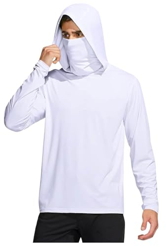Sun Hoodie T-shirt à manches longues pour homme avec masque et trou pour le pouce Protection solaire UPF 50+ Séchage rapide Respirant Rashguard, Blanc., XL