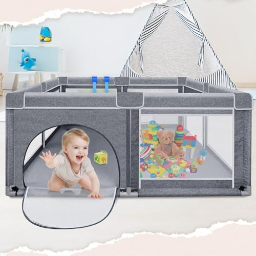 Alpstorm Laufstall für Baby 150x180cm mit Atmungsaktivem Netz,Laufstall Baby Laufgitter Absperrgitter,Schutzgitter Krabbelgitterc für Kinder,Dunkelgrau,150x180cm
