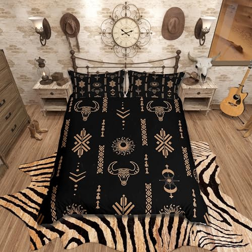 Homemissing Western Aztec Bettwäsche Set 135x200cm Kinder Südwesten Geometrische Vintage Bettwäsche-Set Böhmen Boho Bull Schädel Tribal Abstrakt Schwarz Braun Betten Schlafzimmer