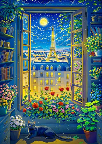 Cat in Paris. TUMBAUMBA, Jigsaw Puzzle 1000 Piece for Adults, Colorful Challenging Art Puzzle for Woman and Cat Lovers, Poster Included