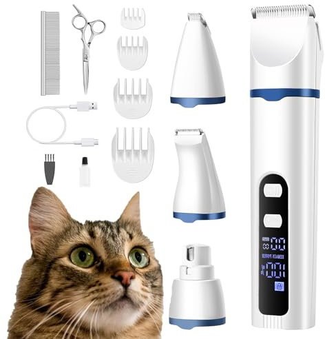 BreeyPaws Cat Clippers Dog Paw Trimmer Grooming Kit,4 in 1 Cat Shaver for matted Fur Claw Silent,Pet Shaver Trimmer for Dogs Cats Paws,2 Speed Battery Display Startup Locked USB Charge Cable (Blue)