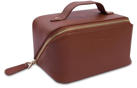 SADDLER Harriet Leather Vanity Box Case Organiser, Classic Tan Finish | Arrives gift-boxed with a secure zip closure, convenient carrying handle, and a charming floral hummingbird lining.