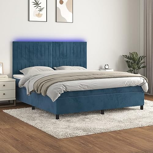 QJBSAVVA Boxspringbett 180x200 Dunkelblau Samt LED Doppelbett mit Matratze und Kopfteil verstellbar Luxus Komfort für Schlafzimmer Wohnstil