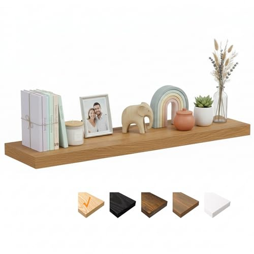 RICHER HOUSE Eiche Wandregale, 120 x 23,5 x 3,8 cm Wandboard Holz, Holzregal Wand mit unsichtbaren Halterungen, Schweberegal für Schlafzimmer, Wohnzimmer, Badezimmer, Küche, Waschküche, Büro