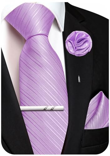 Ailisus Krawatte Herren Set Streifen Seiden Krawatte mit Einstecktuch Ansteckblume Krawattenklammer für Hochzeit Party 4PCS