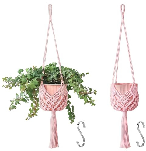 Muorruo 2-Pack Hanging Plant Holders with Patterns, Macrame Plant Hangers for Indoors and Outdoors, Macrame Plant Hangers for Pots up to 20 cm Diameter, Light Pink