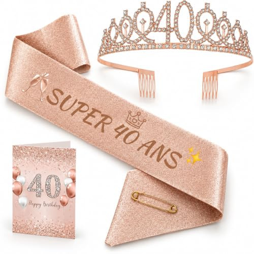 AHEZQILU Decoration Anniversaire 40 Ans, Carte Anniversaire 40 Ans, 3 Pièces Rose Gold avec Couronne Echarpe Super 40 Ans Et Carte Ans Diademe Femme - Set Fête Anniversaire Femme