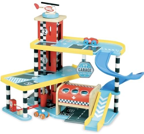 Vilac Wooden Pretend Play Grand Garage, Includes 2 Cars 1 Helicopter and Traffic Signs, Wood and Bright Design, 3 Years+