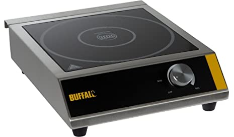 Buffalo 3kW Induction Hob - Energy-Saving Pan Detection Function, 26 Power Settings, Black Ceramic Glass, Easy Clean Stainless Steel - 100x330x430mm