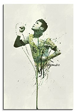 Paul Sinus Art Neymar-Brasil_90x60cm Keilrahmenbild Fussball Star Bild Aquarell Art Wandbild auf Leinwand fertig gerahmt Original Unikat