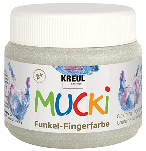 KREUL 23124 - Mucki schimmernde Funkel - Fingerfarbe, 150 ml in Drachen silber, auf Wasserbasis, parabenfrei, glutenfrei, laktosefrei und vegan, auswaschbar, vermalbar mit Pinsel und Fingern