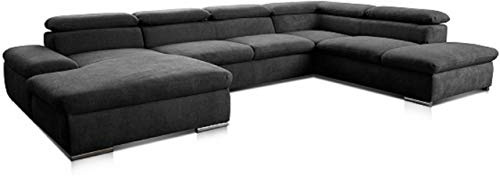 Cavadore Wohnlandschaft Alkatraz im modernen Design / U-Form mit Longchair links und Ottomane rechts / Inkl. Kopfteilverstellung / 350 x 73 x 226 / Schwarz