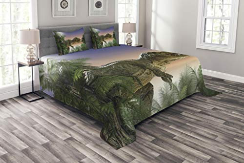 ABAKUHAUS Jurassic Tagesdecke Set, Dinosaurier im Dschungel, Set mit Kissenbezügen Feste Farben, für Doppelbetten 264 x 220 cm, Grün Blauer Pfirsich