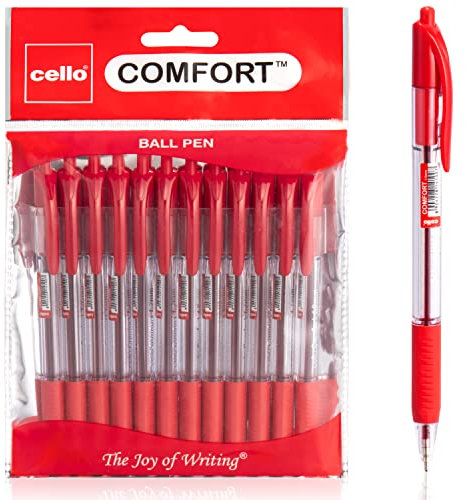 Cello Red Ballpoint Pens - Premium Retractable Biro Pens with Ergonomic Grip, Medium Point 1.0mm, Pack of 12 - Ideal for Office, School & Home Writing, Red Pen