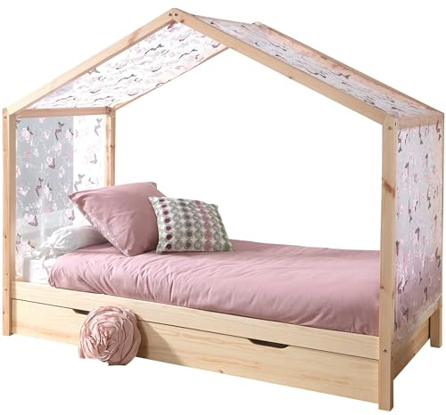 Vipack Dallas 3 Hausbett 90 x 200 cm Liegefläche inkl. Bettschublade und Textilhimmel, Natur
