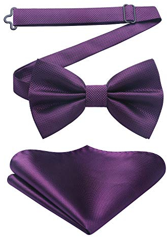 HISDERN Einfarbige Fliege für Herren Vorgebundene Verstellbare Fliegen und Einstecktuch Violett herrenfliegen Set Hochzeit Fasching
