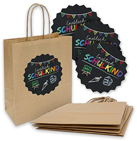 itenga SET 10x Geschenkverpackung Einschulung Geschenktüte aus Papier inkl. Sticker Aufkleber Endlich Schulkind Tafel rund